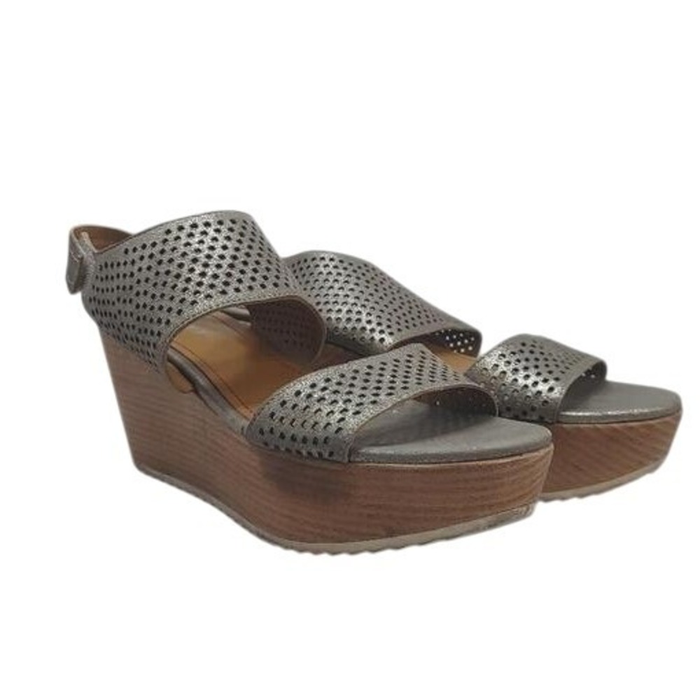 Trask Phoebe Wedge‎ Sandal Metallic Bronze Tan Size 8 Leather Upper 3" Stacked